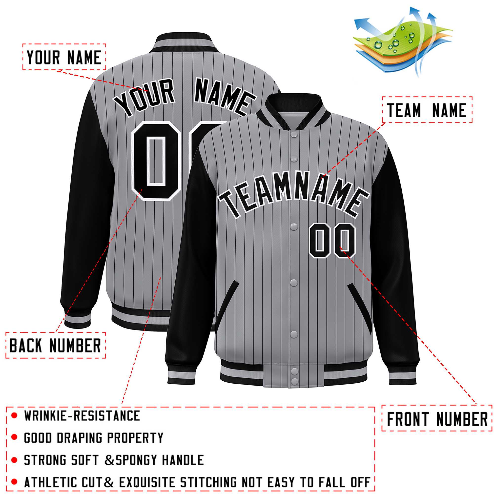 Custom Gray Black-White Stripe Fashion Bomber Varsity Jacket with Raglan Sleeves