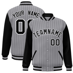 Custom Gray Black-White Stripe Fashion Bomber Varsity Jacket with Raglan Sleeves