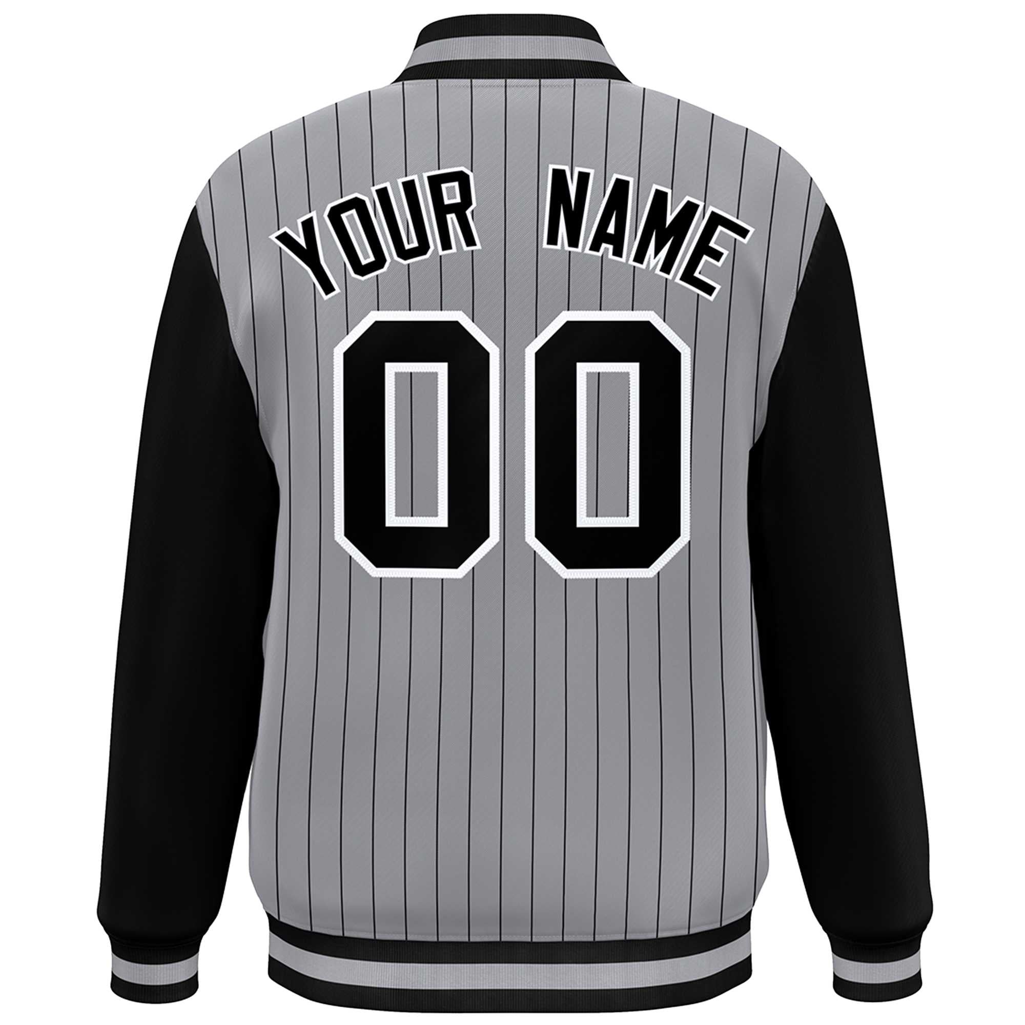 Custom Gray Black-White Stripe Fashion Bomber Varsity Jacket with Raglan Sleeves