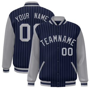 Custom Navy Gray Stripe Fashion Bomber Varsity Jacket with Raglan Sleeves