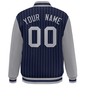 Custom Navy Gray Stripe Fashion Bomber Varsity Jacket with Raglan Sleeves