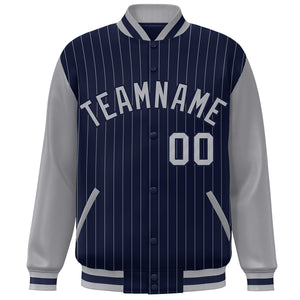 Custom Navy Gray Stripe Fashion Bomber Varsity Jacket with Raglan Sleeves