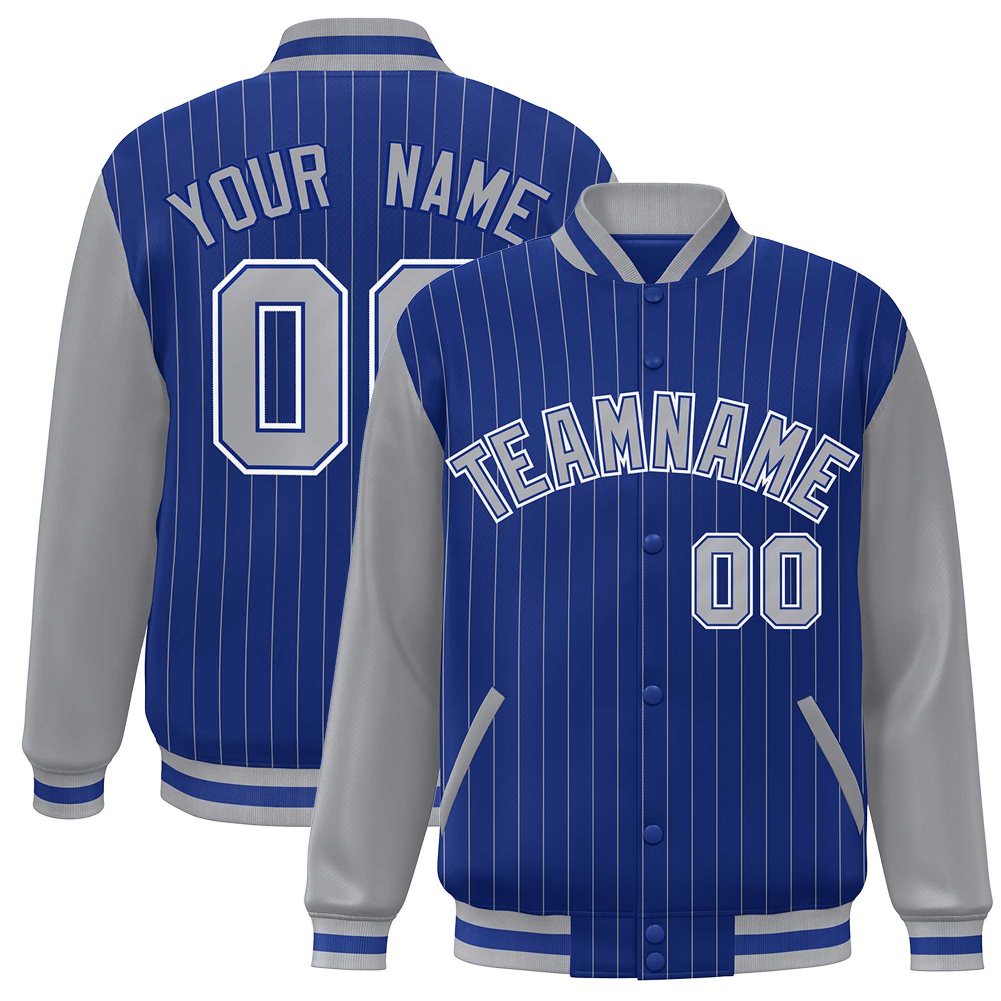 Custom Royal Gray-White Stripe Fashion Bomber Varsity Jacket with Raglan Sleeves