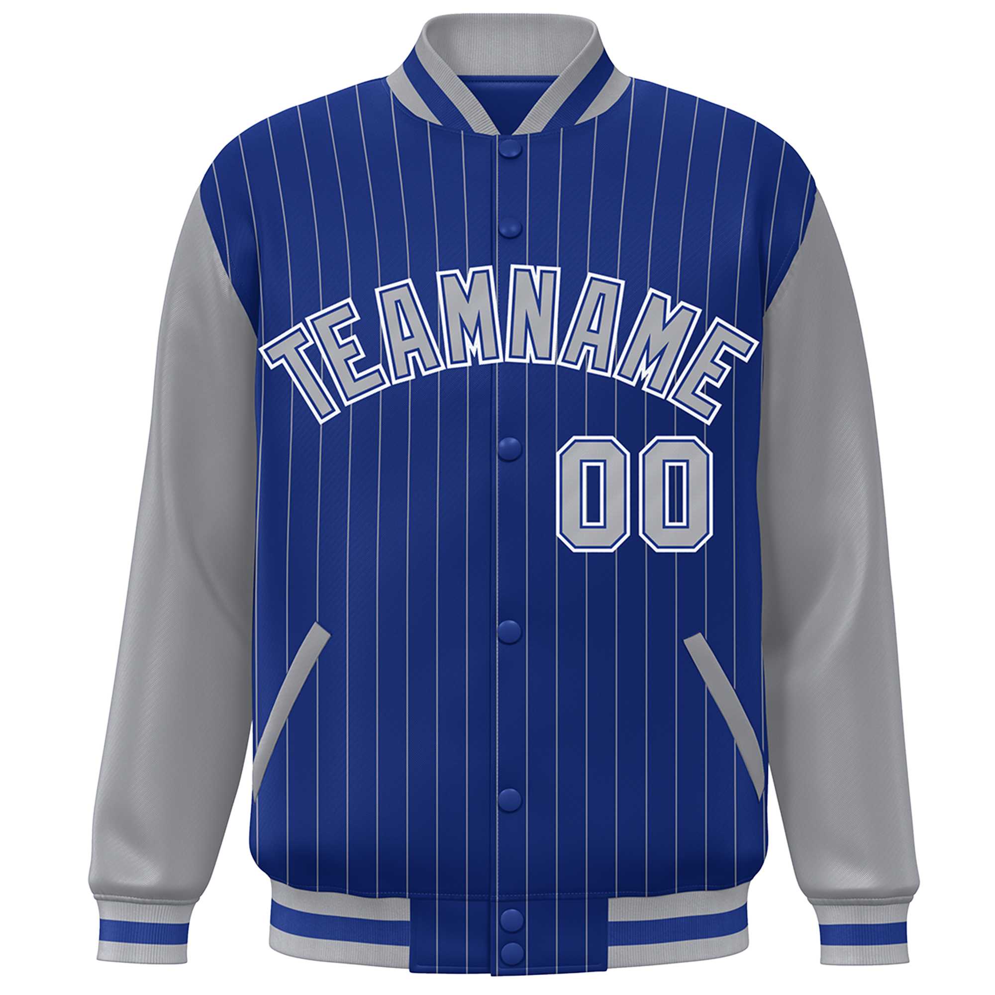 Custom Royal Gray-White Stripe Fashion Bomber Varsity Jacket with Raglan Sleeves