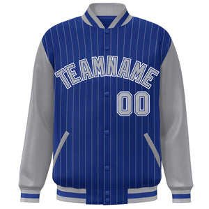 Custom Royal Gray-White Stripe Fashion Bomber Varsity Jacket with Raglan Sleeves