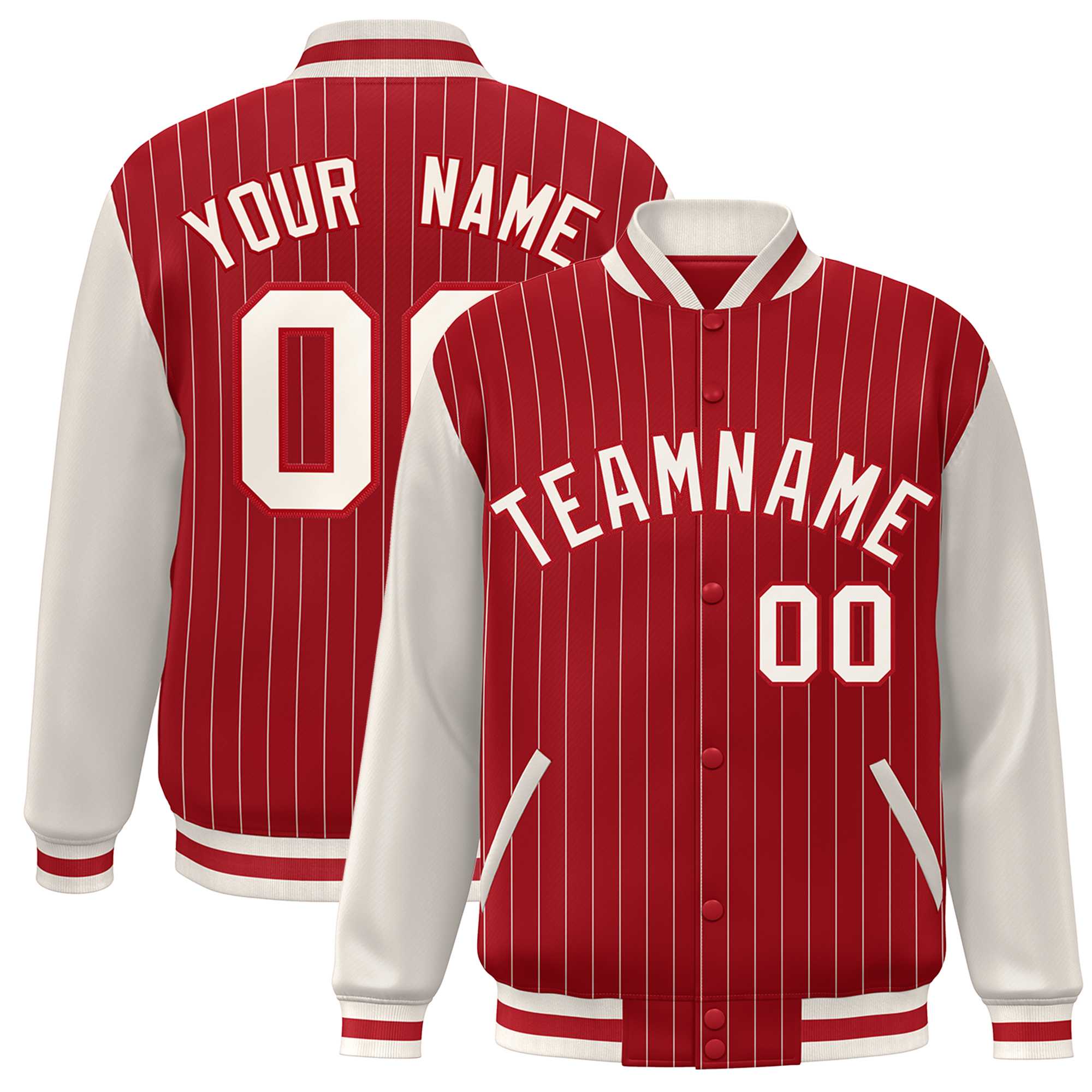 Custom Red Cream Stripe Fashion Bomber Varsity Jacket with Raglan Sleeves