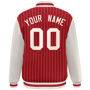 Custom Red Cream Stripe Fashion Bomber Varsity Jacket with Raglan Sleeves