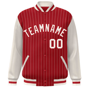 Custom Red Cream Stripe Fashion Bomber Varsity Jacket with Raglan Sleeves