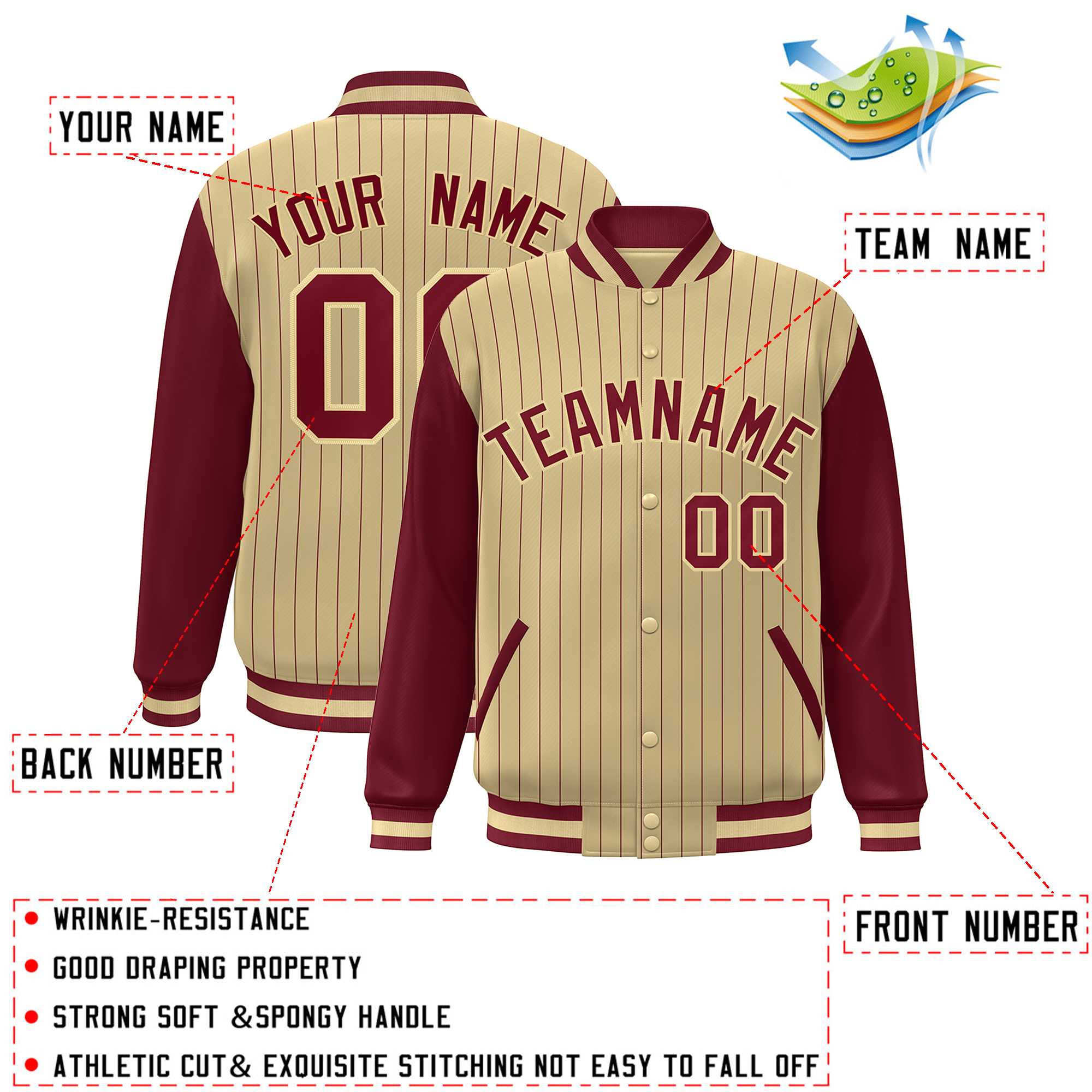 Custom Khaki Crimson Stripe Fashion Bomber Varsity Jacket with Raglan Sleeves