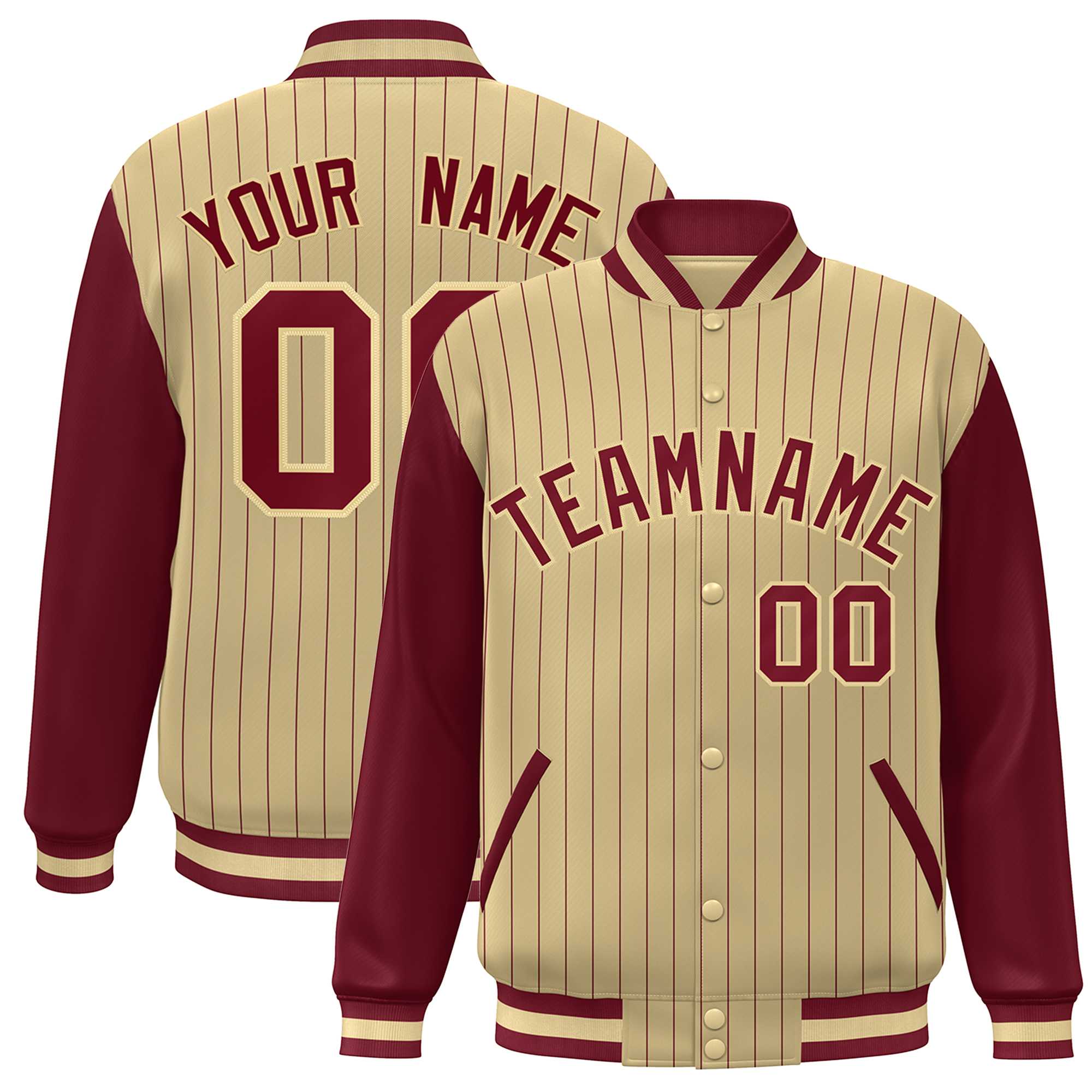 Custom Khaki Crimson Stripe Fashion Bomber Varsity Jacket with Raglan Sleeves