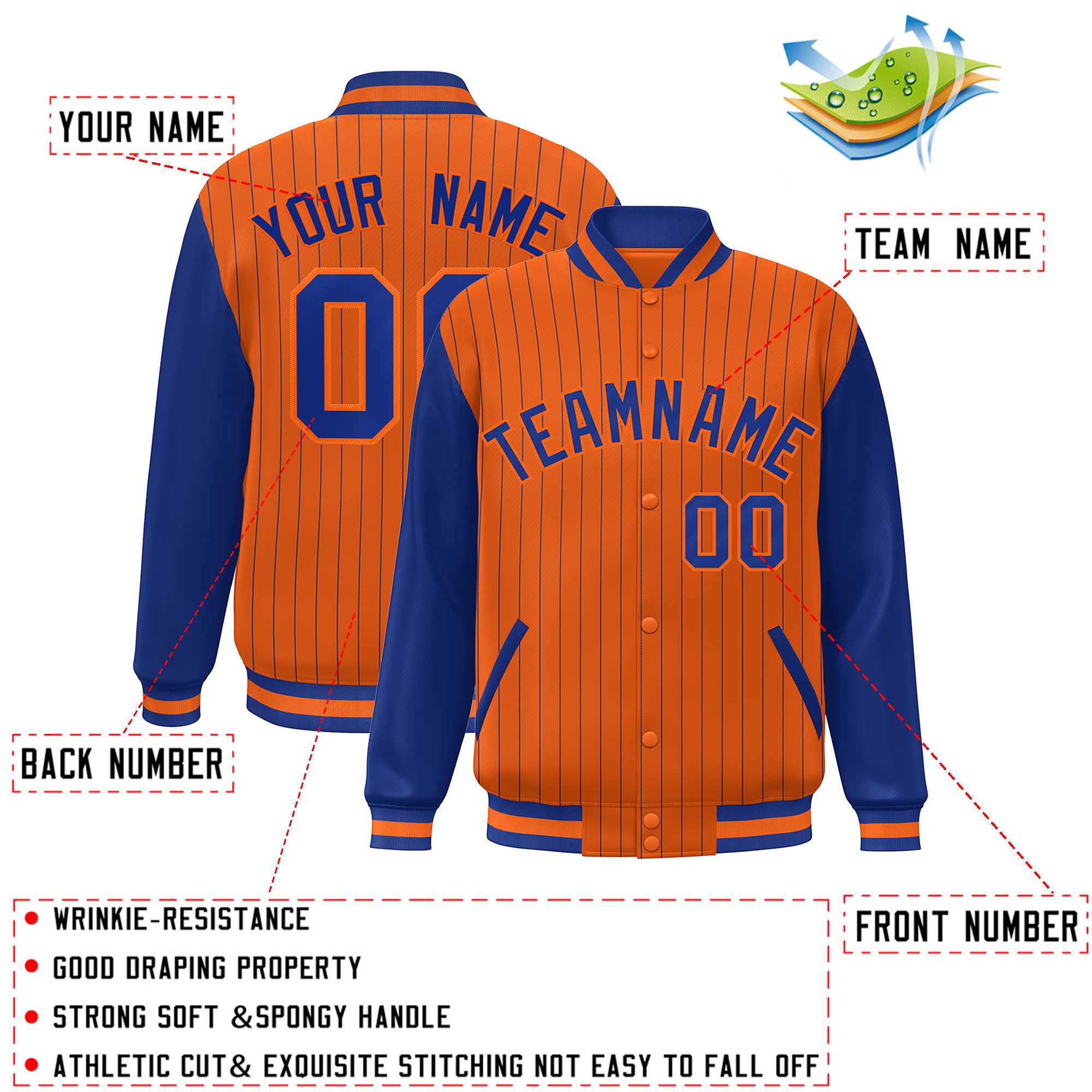 Custom Orange Royal Stripe Fashion Bomber Varsity Jacket with Raglan Sleeves