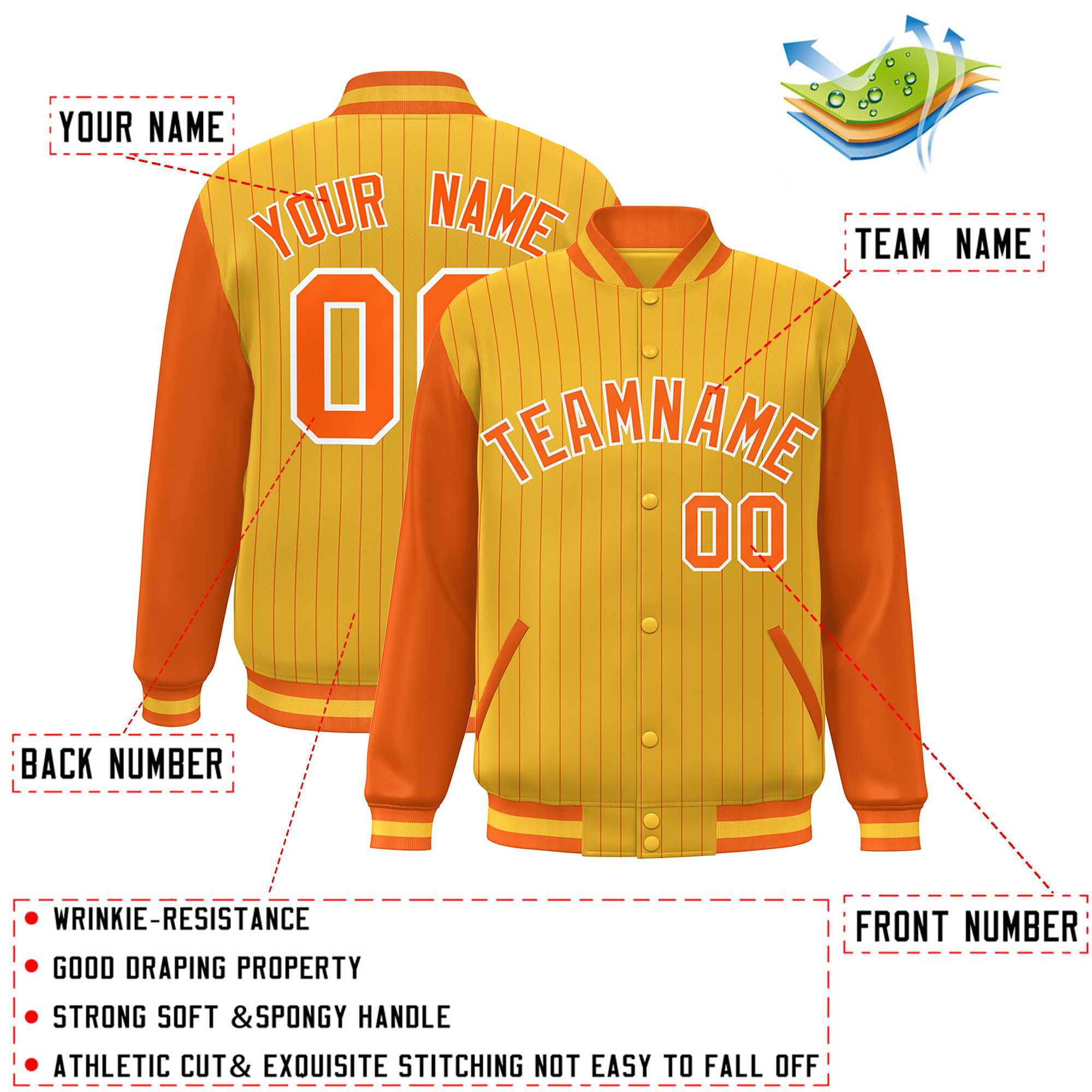 Custom Gold Orange-White Stripe Fashion Bomber Varsity Jacket with Raglan Sleeves