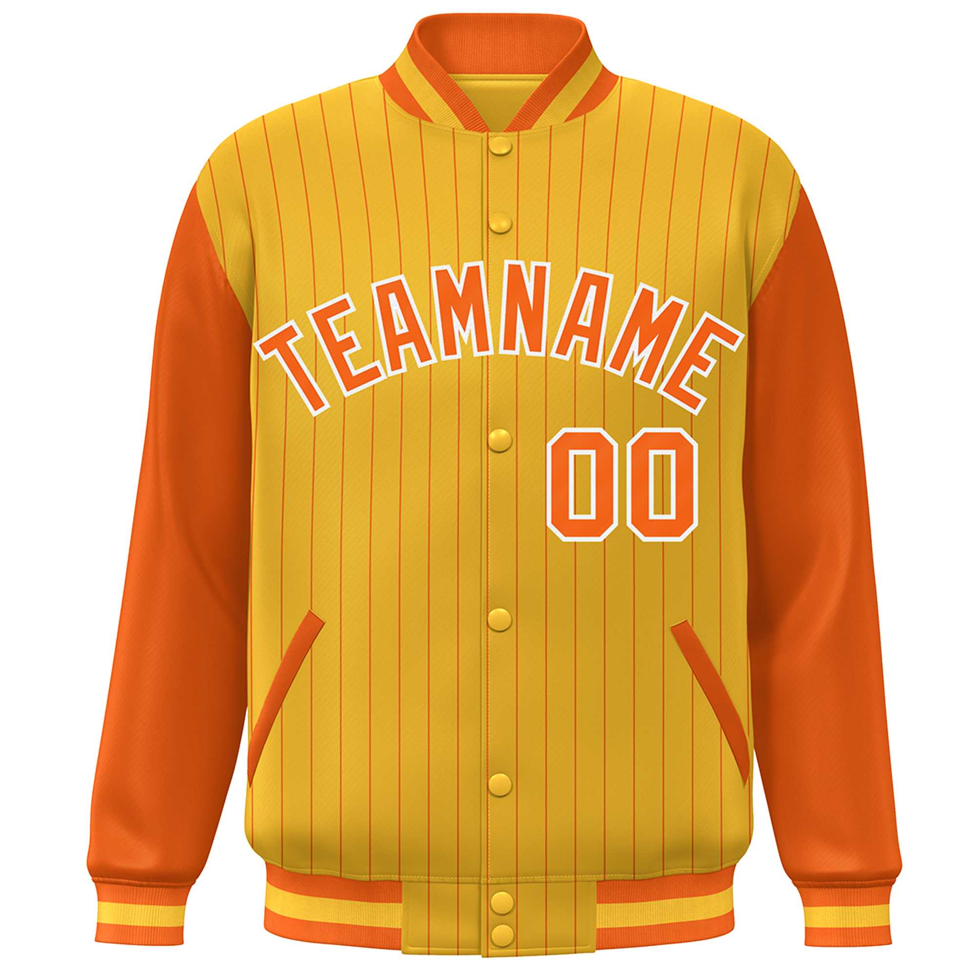 Custom Gold Orange-White Stripe Fashion Bomber Varsity Jacket with Raglan Sleeves