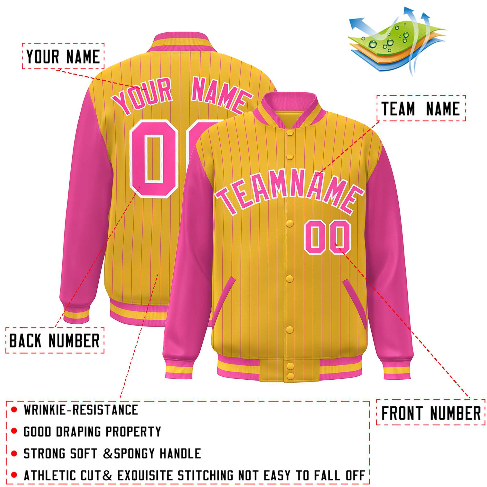 Custom Gold Pink-White Stripe Fashion Bomber Varsity Jacket with Raglan Sleeves