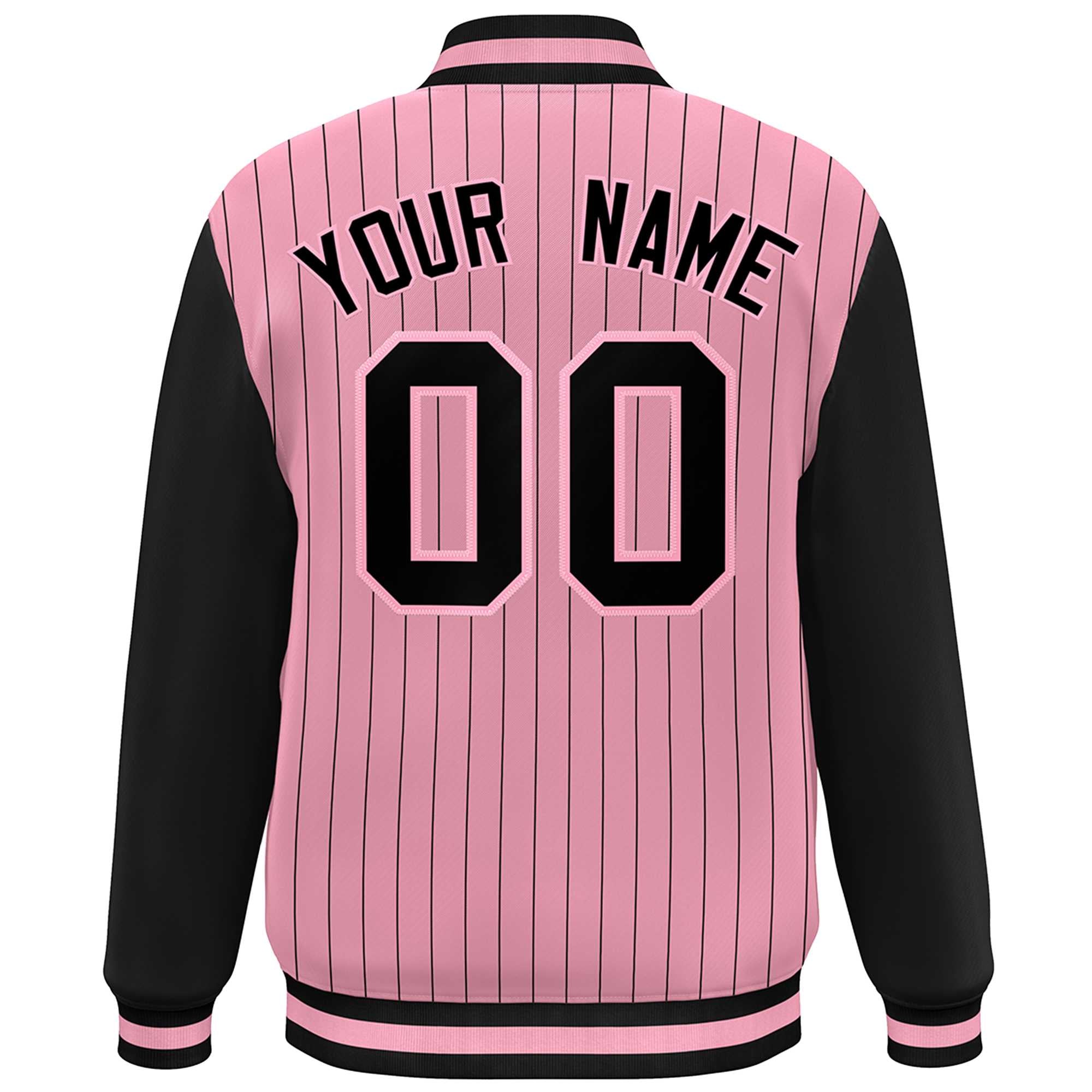 Custom Pink Black Stripe Fashion Bomber Varsity Jacket with Raglan Sleeves