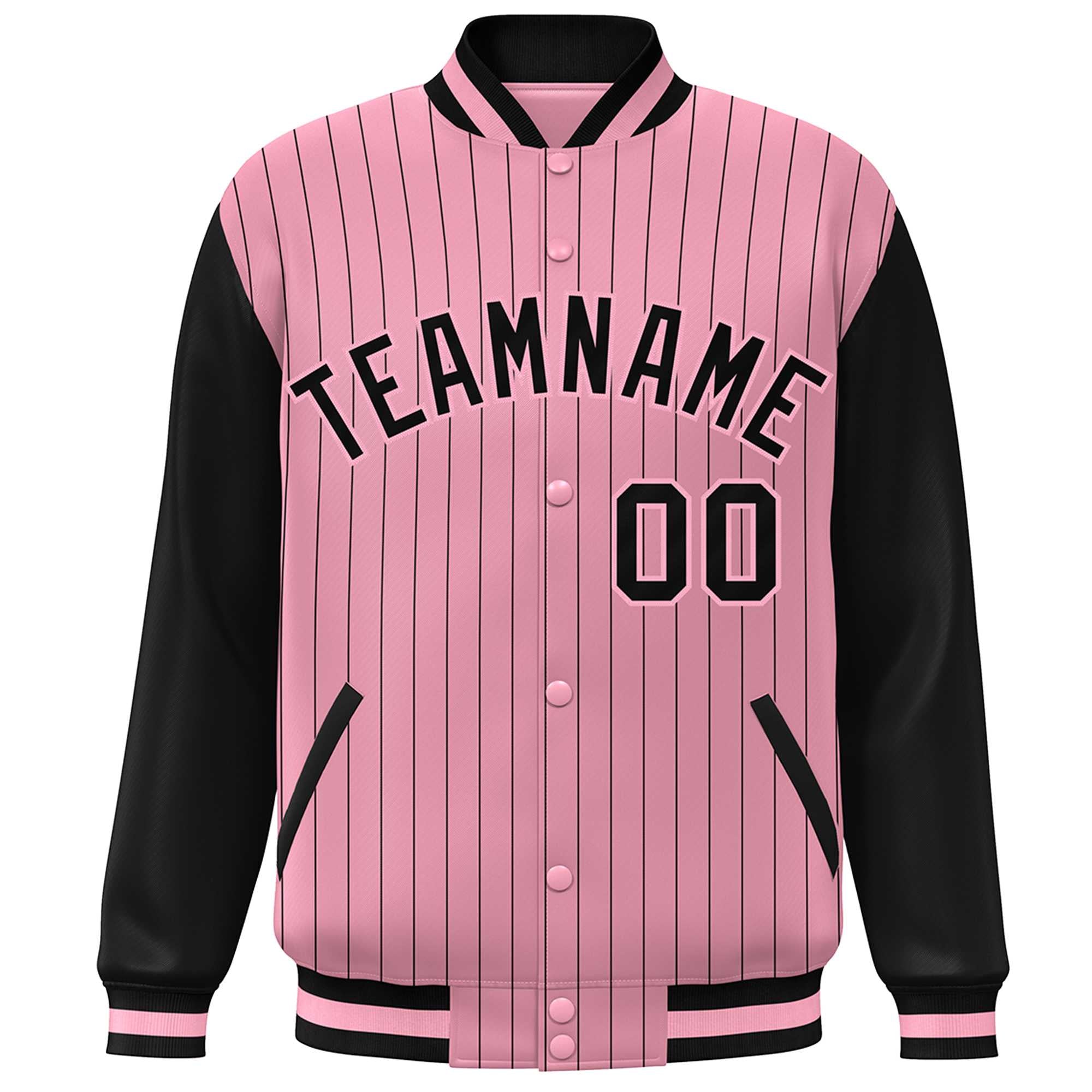 Custom Pink Black Stripe Fashion Bomber Varsity Jacket with Raglan Sleeves