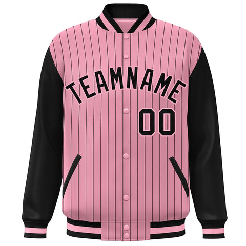 Custom Pink Black Stripe Fashion Bomber Varsity Jacket with Raglan Sleeves