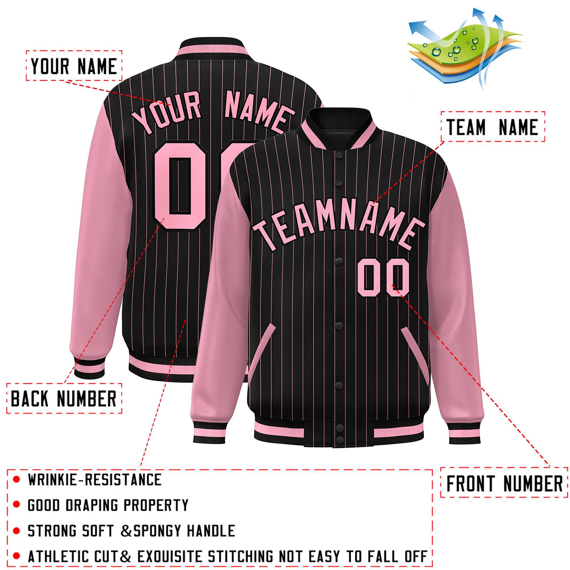 Custom Black Pink Stripe Fashion Bomber Varsity Jacket with Raglan Sleeves