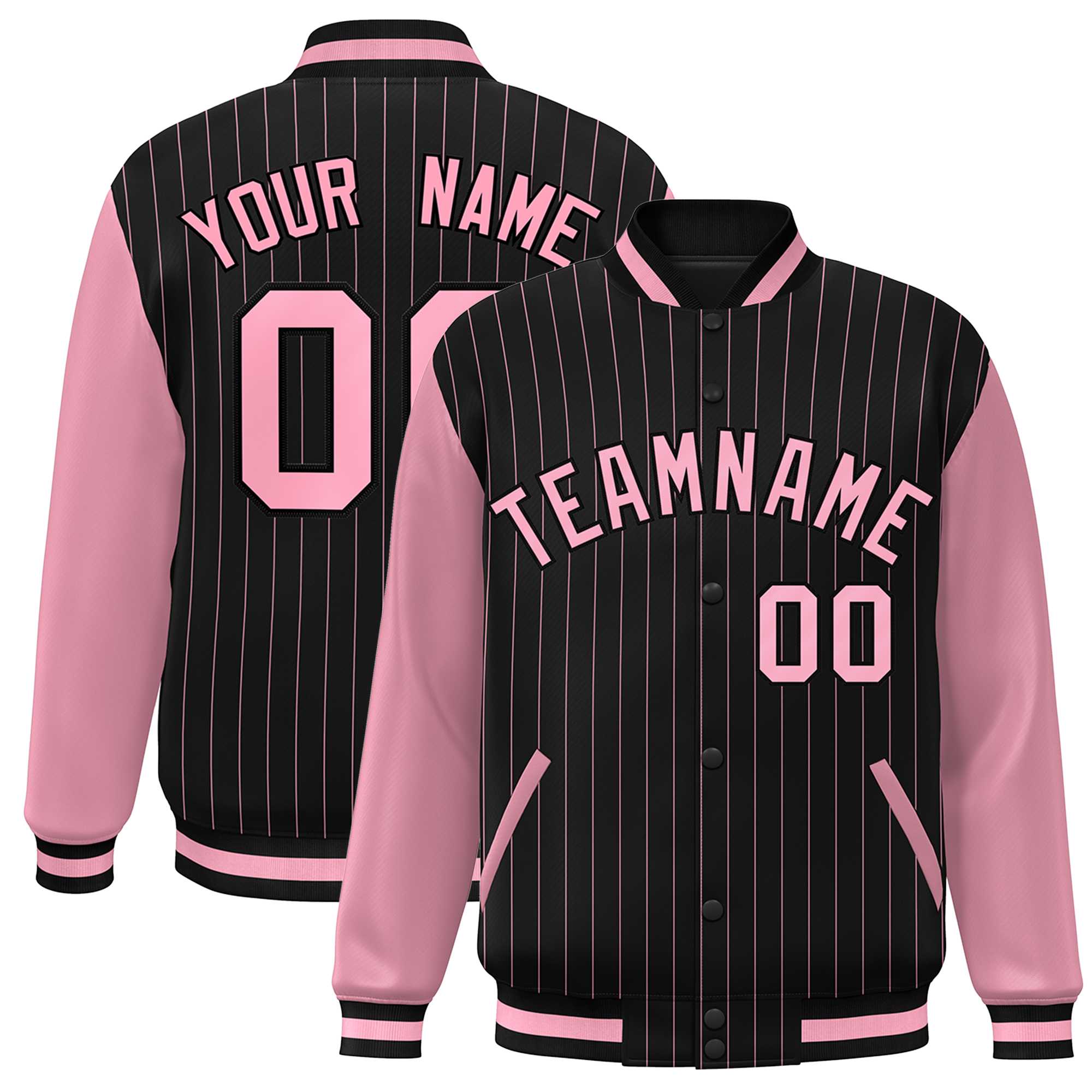 Custom Black Pink Stripe Fashion Bomber Varsity Jacket with Raglan Sleeves