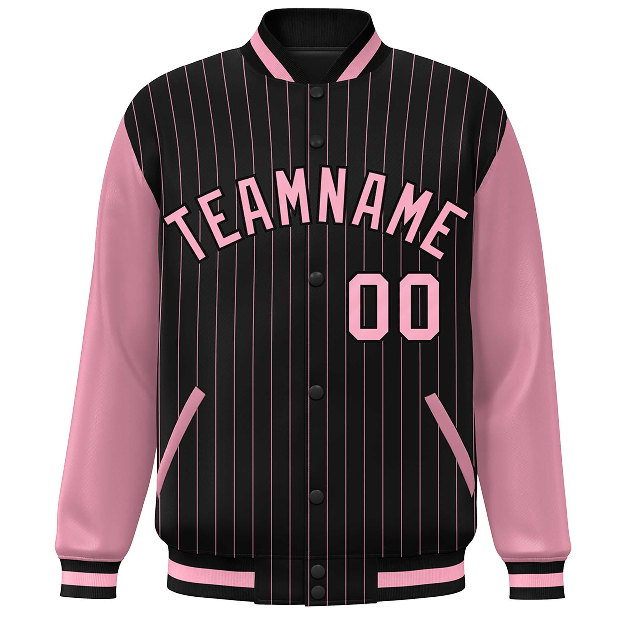 Custom Black Pink Stripe Fashion Bomber Varsity Jacket with Raglan Sleeves