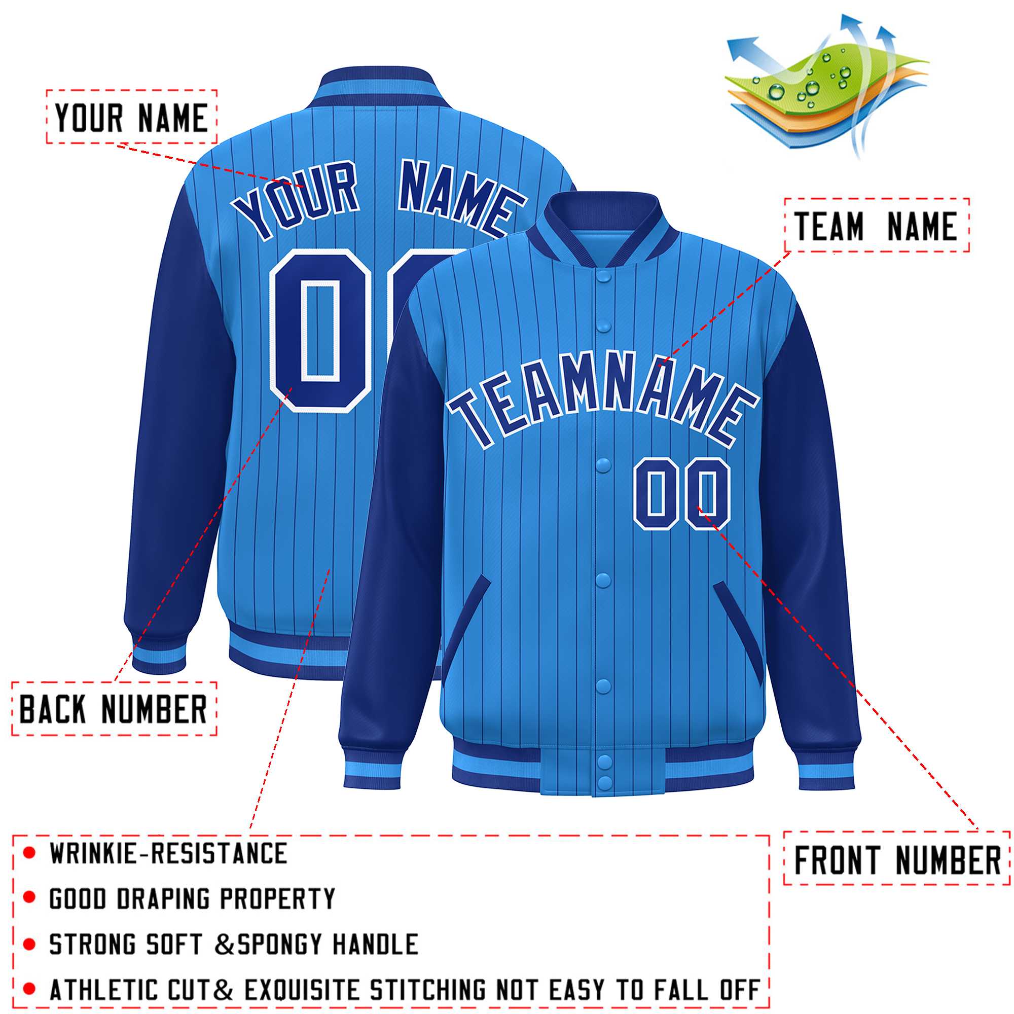 Custom Powder Blue Royal-White Stripe Fashion Bomber Varsity Jacket with Raglan Sleeves