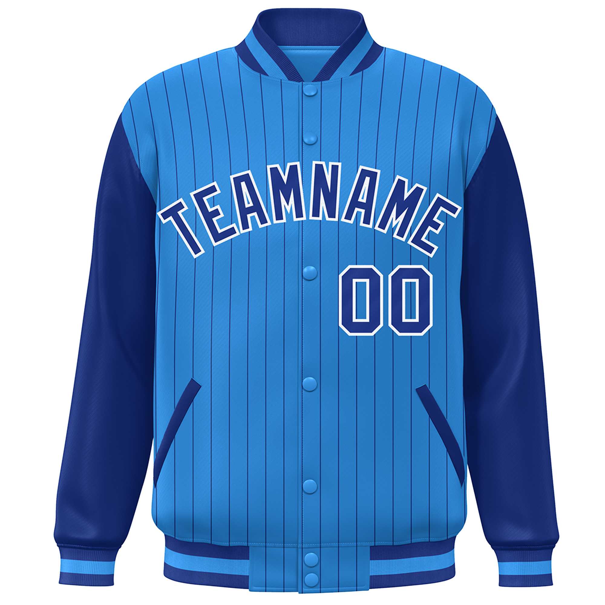 Custom Powder Blue Royal-White Stripe Fashion Bomber Varsity Jacket with Raglan Sleeves