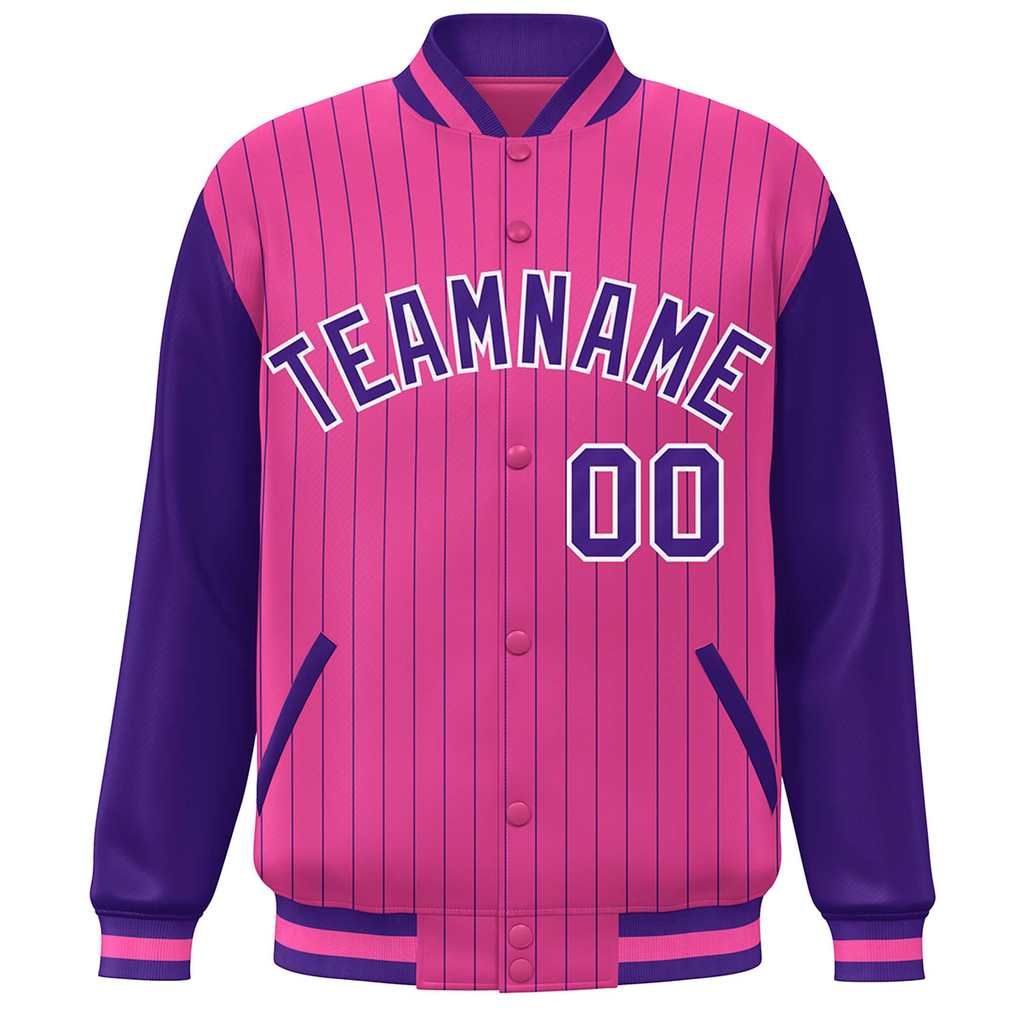 Custom Pink Purple-White Stripe Fashion Bomber Varsity Jacket with Raglan Sleeves