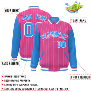 Custom Pink Powder Blue-White Stripe Fashion Bomber Varsity Jacket with Raglan Sleeves