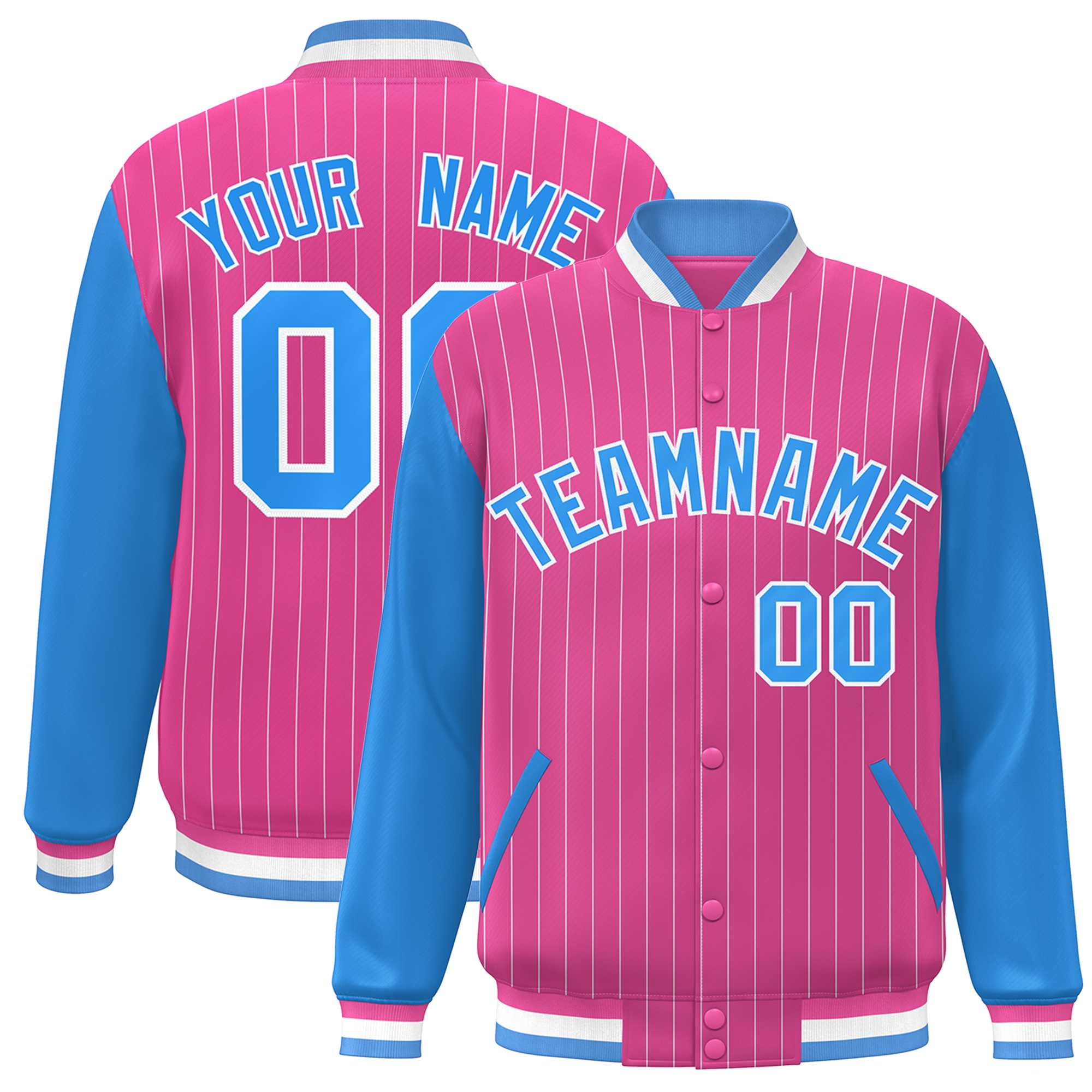 Custom Pink Powder Blue-White Stripe Fashion Bomber Varsity Jacket with Raglan Sleeves