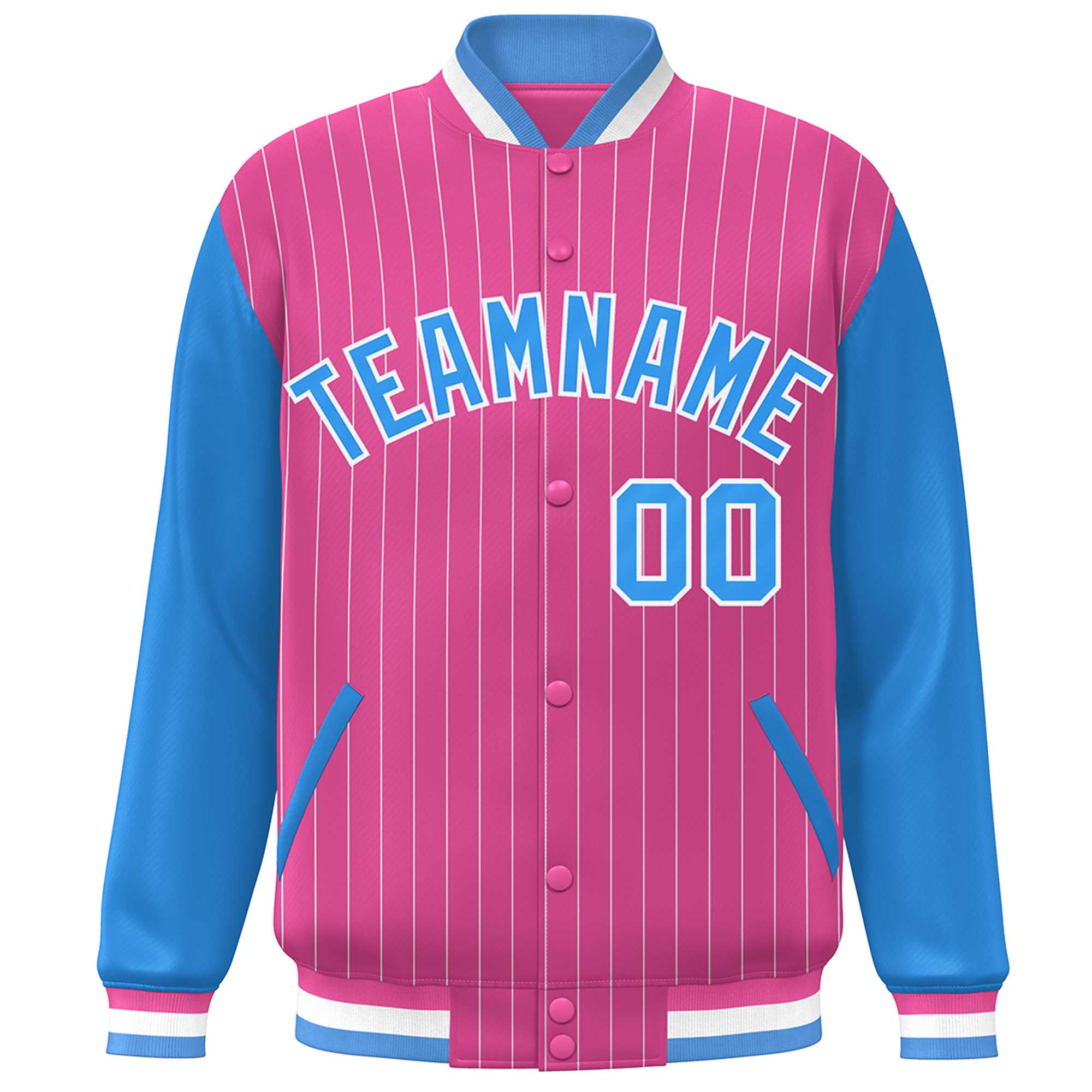 Custom Pink Powder Blue-White Stripe Fashion Bomber Varsity Jacket with Raglan Sleeves