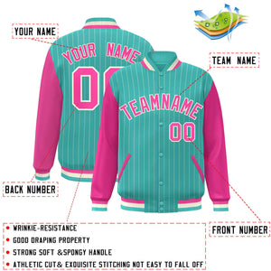 Custom Aqua Pink-White Stripe Fashion Bomber Varsity Jacket with Raglan Sleeves