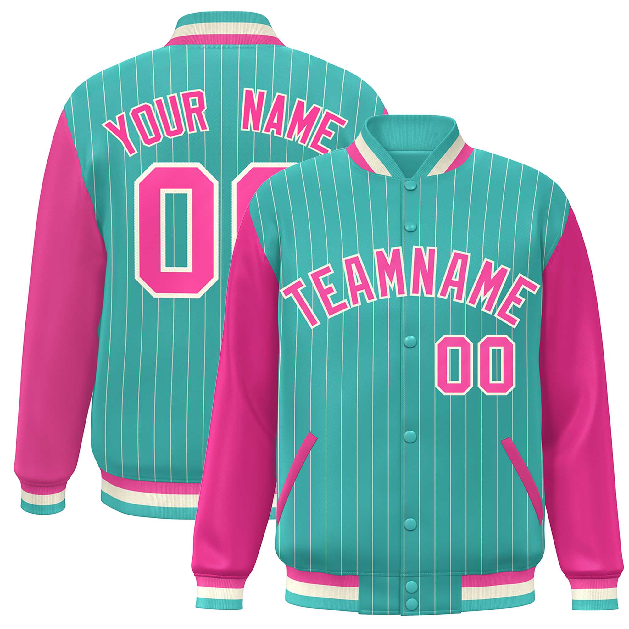 Custom Aqua Pink-White Stripe Fashion Bomber Varsity Jacket with Raglan Sleeves