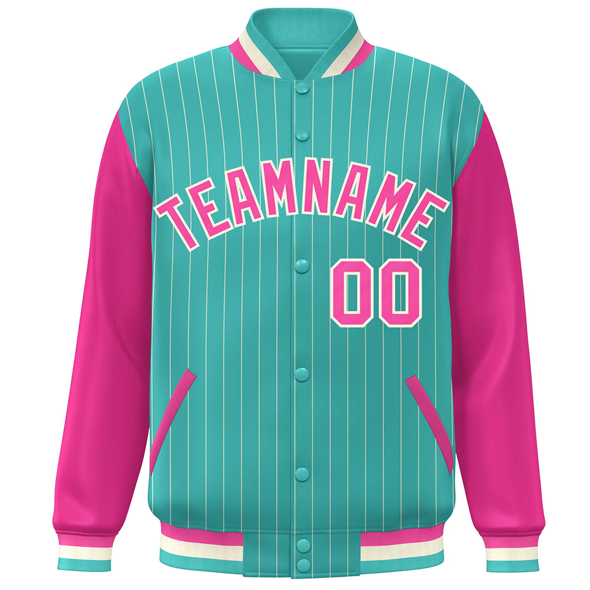 Custom Aqua Pink-White Stripe Fashion Bomber Varsity Jacket with Raglan Sleeves