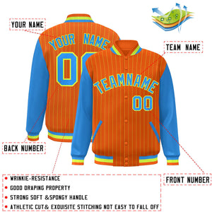 Custom Orange Powder Blue-Neon Green Stripe Fashion Bomber Varsity Jacket with Raglan Sleeves