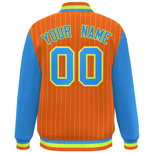 Custom Orange Powder Blue-Neon Green Stripe Fashion Bomber Varsity Jacket with Raglan Sleeves