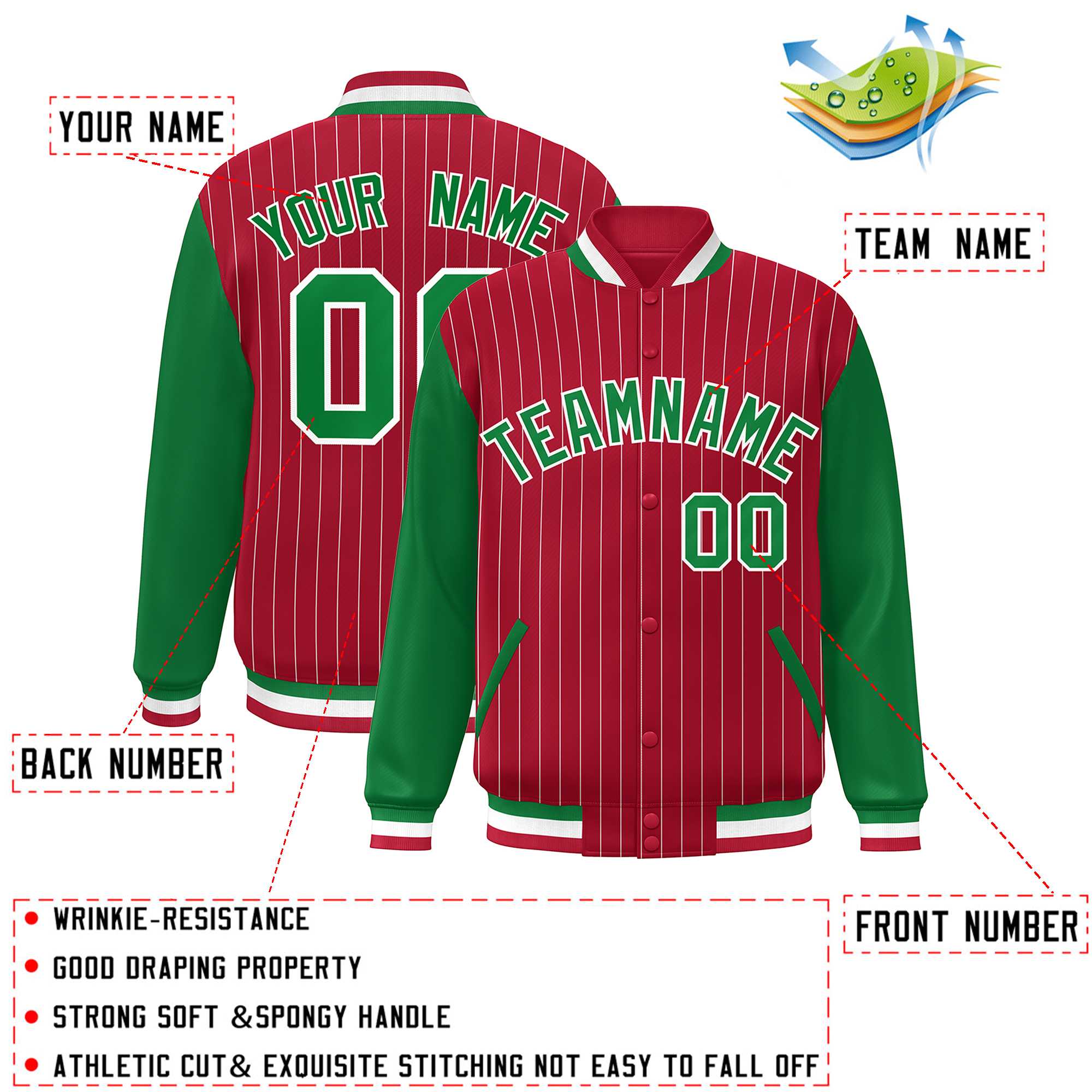 Custom Red Kelly Green-White Stripe Fashion Bomber Varsity Jacket with Raglan Sleeves