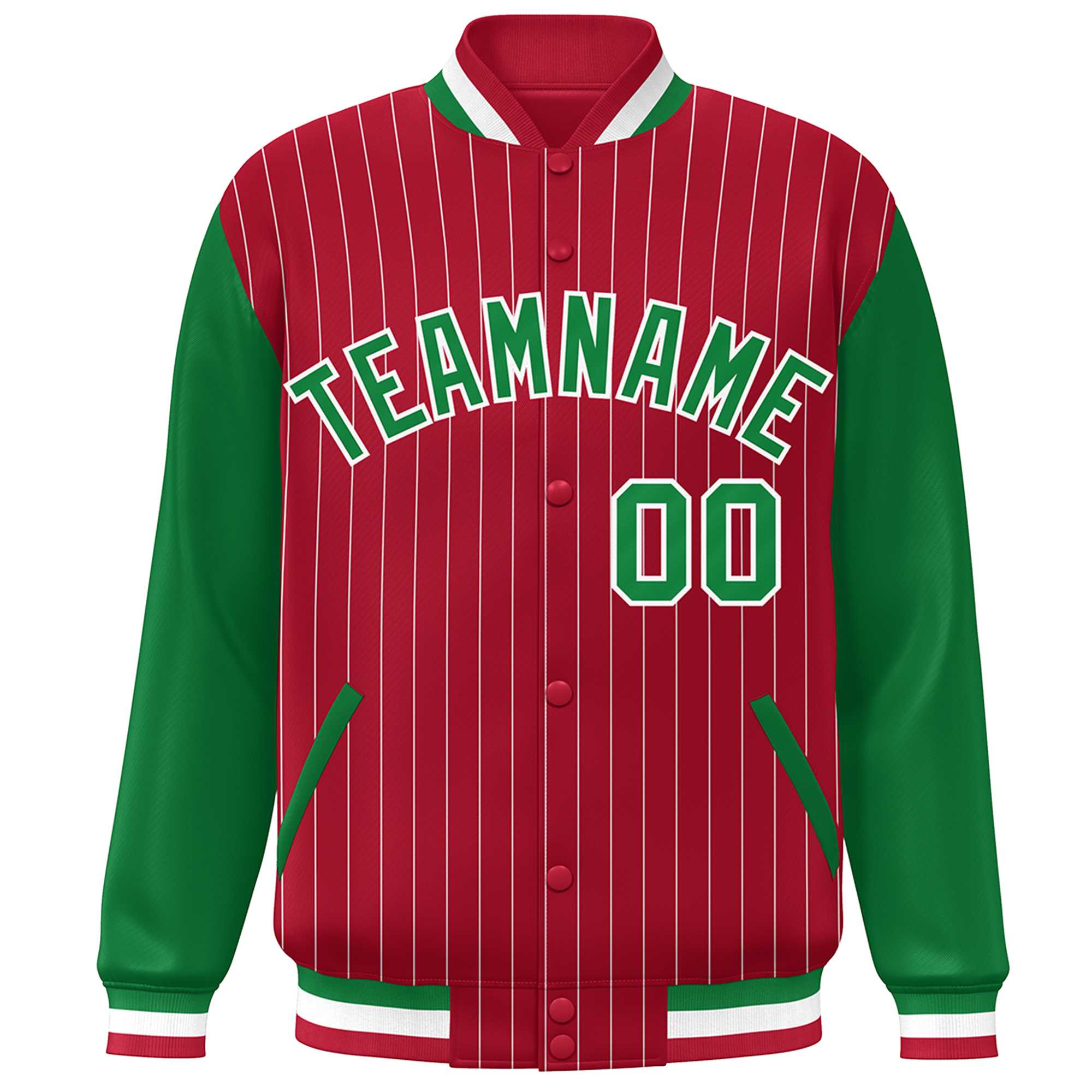 Custom Red Kelly Green-White Stripe Fashion Bomber Varsity Jacket with Raglan Sleeves