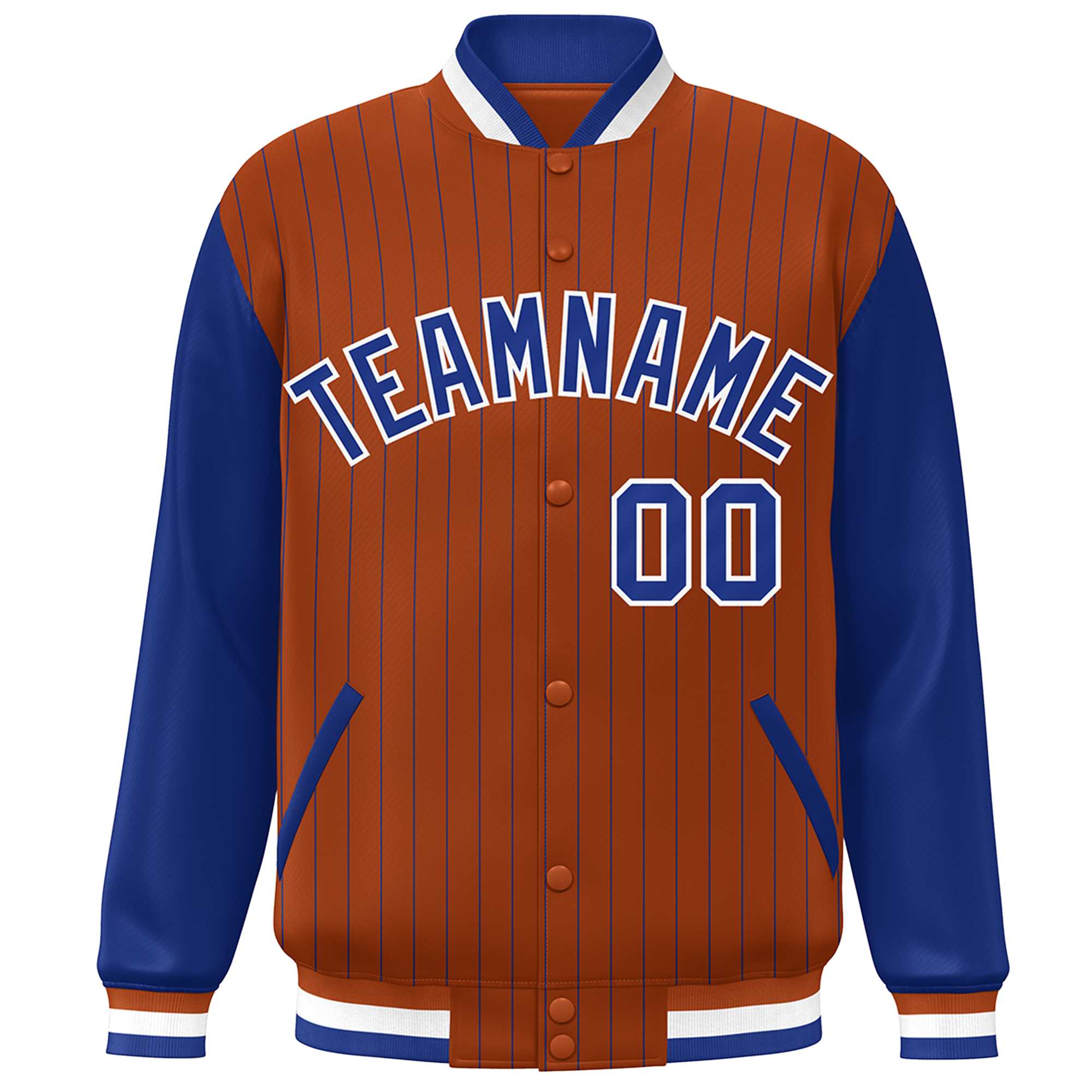 Custom Orange Royal-White Stripe Fashion Bomber Varsity Jacket with Raglan Sleeves