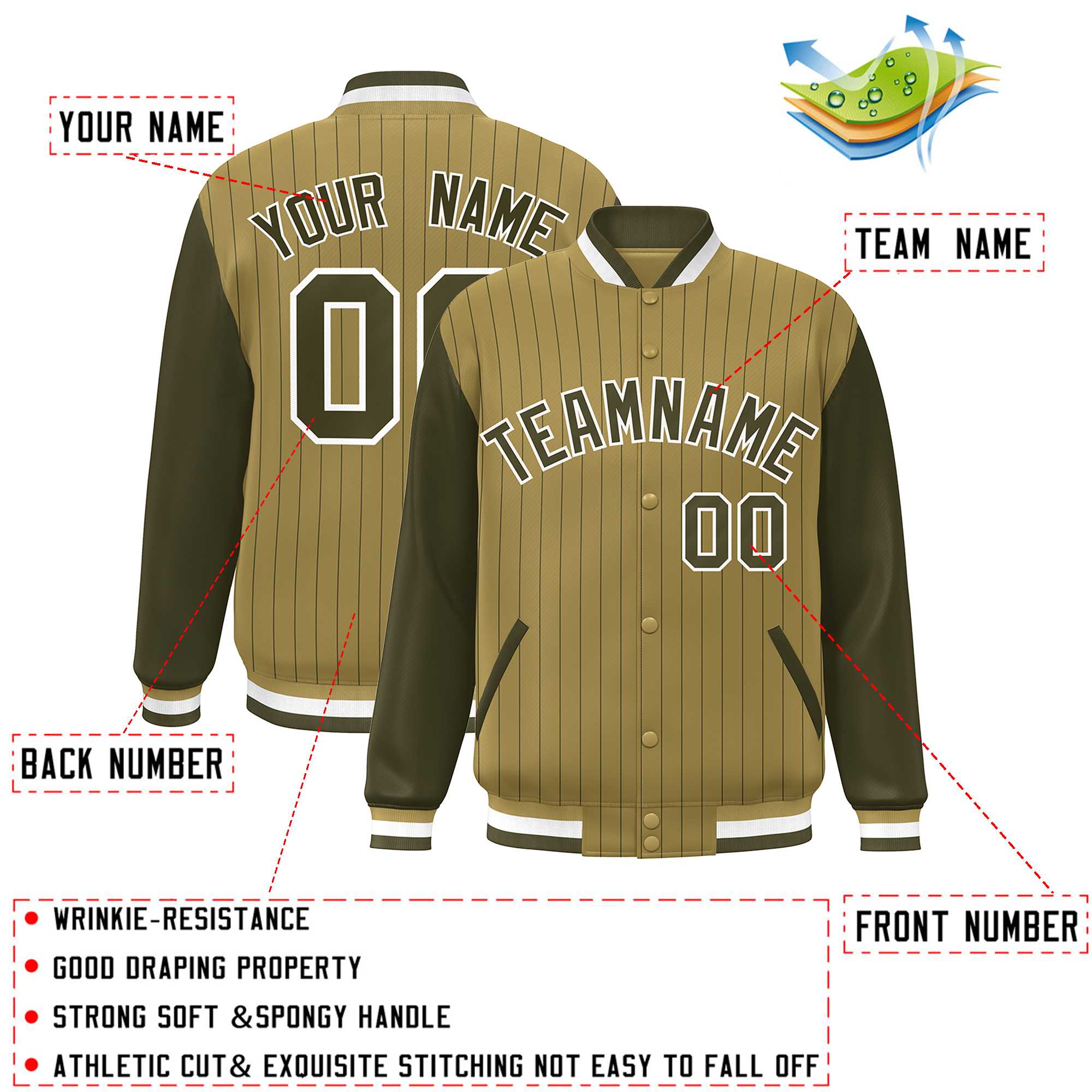 Custom Desert Yellow Olive-White Stripe Fashion Bomber Varsity Jacket with Raglan Sleeves