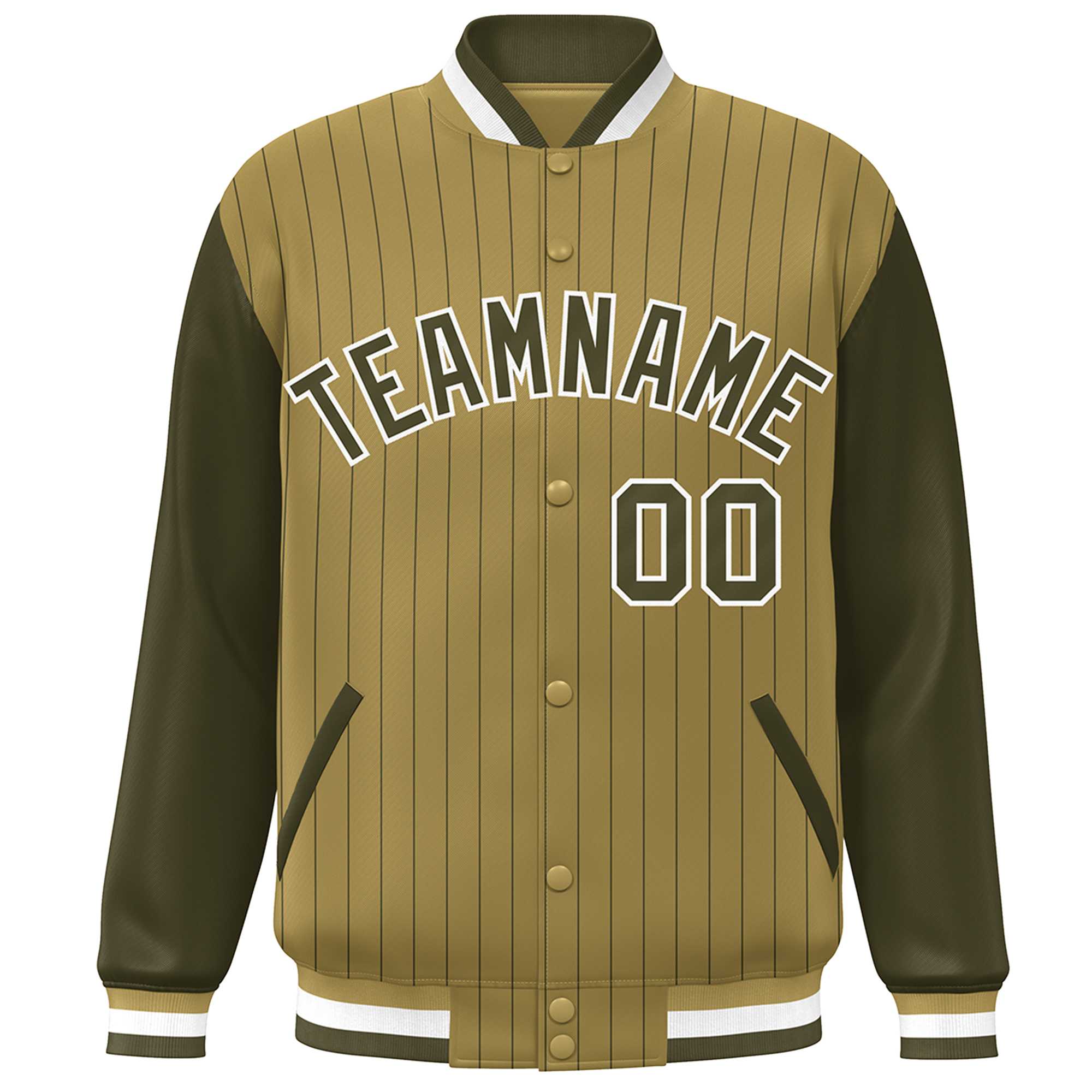 Custom Desert Yellow Olive-White Stripe Fashion Bomber Varsity Jacket with Raglan Sleeves