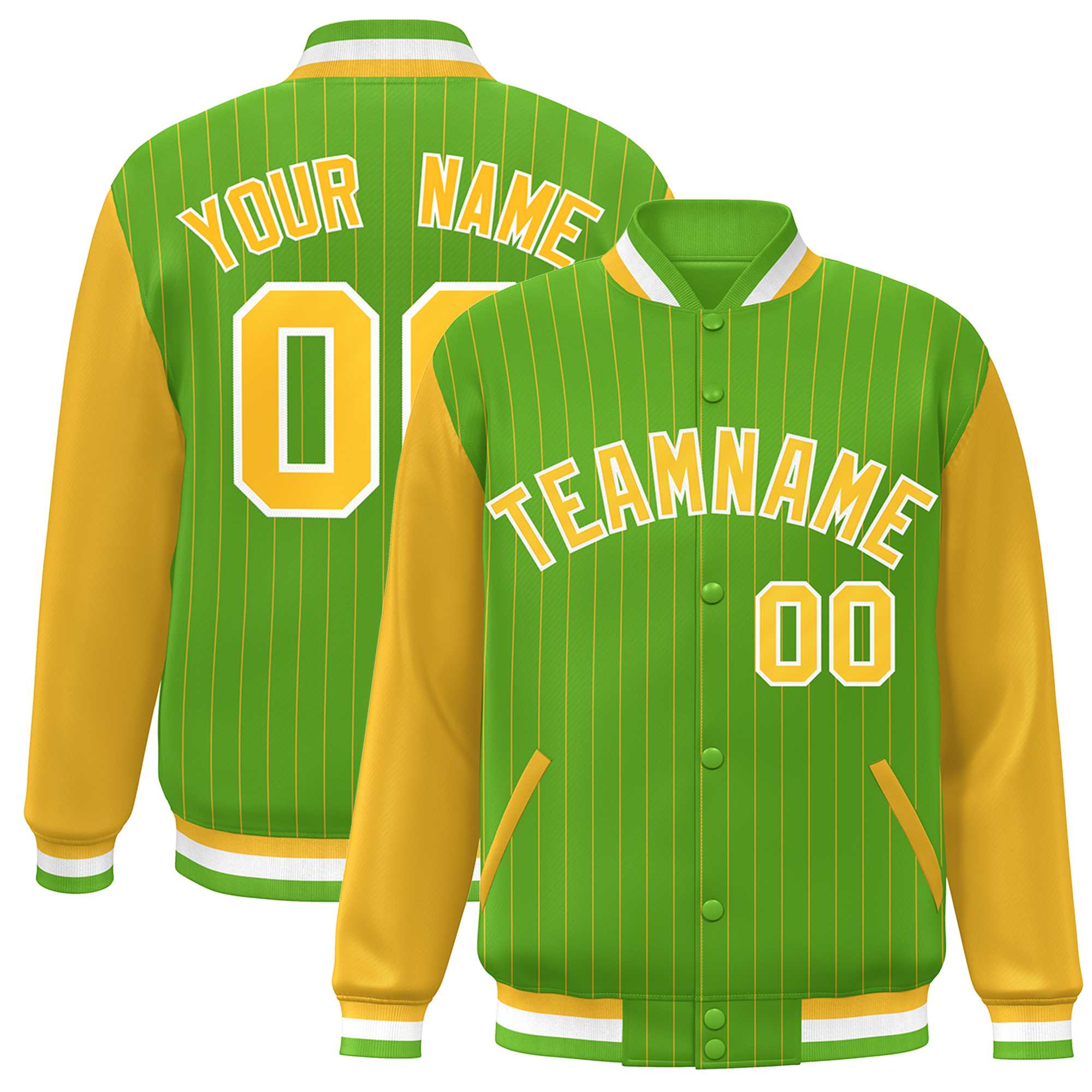 Custom Green Gold-White Stripe Fashion Bomber Varsity Jacket with Raglan Sleeves