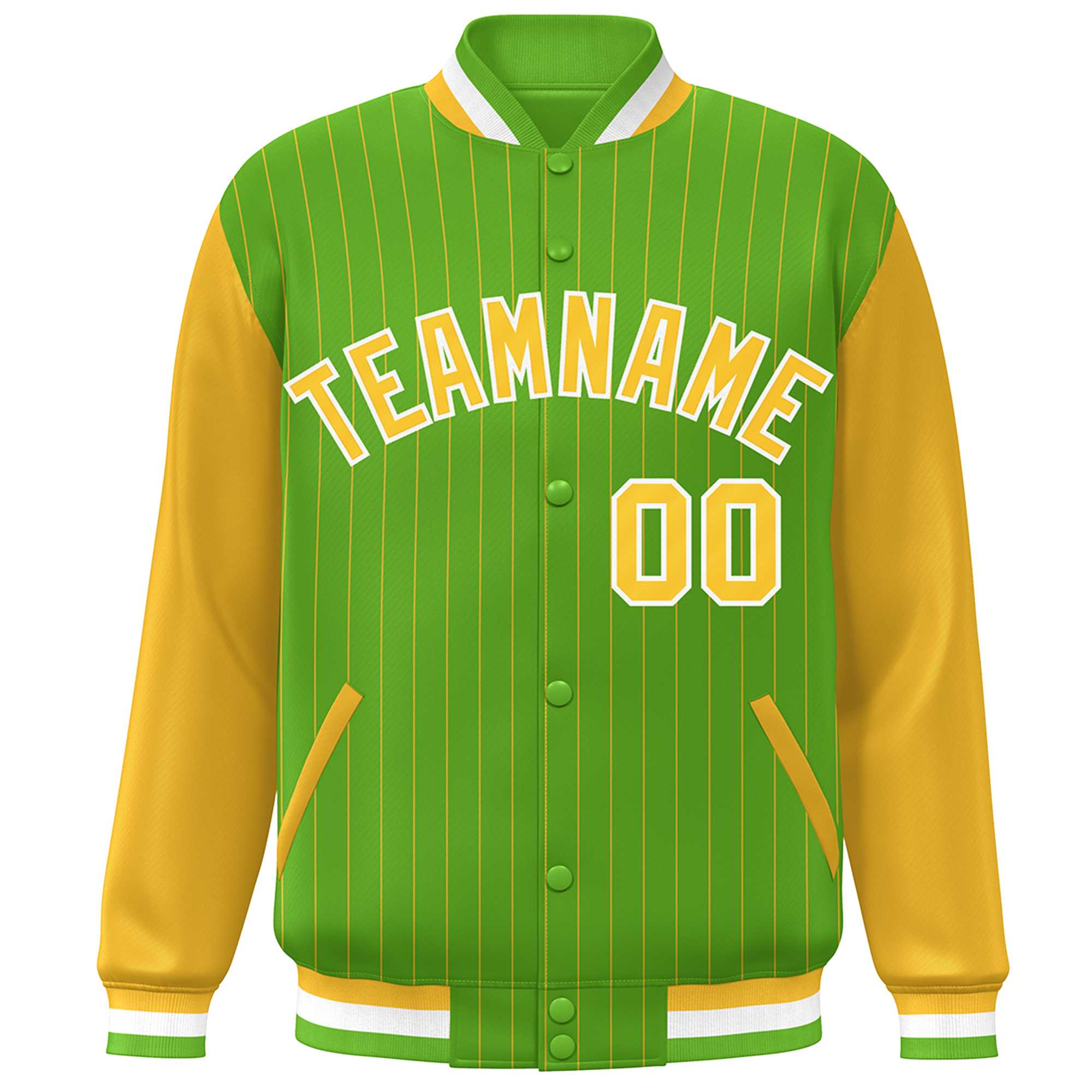 Custom Green Gold-White Stripe Fashion Bomber Varsity Jacket with Raglan Sleeves