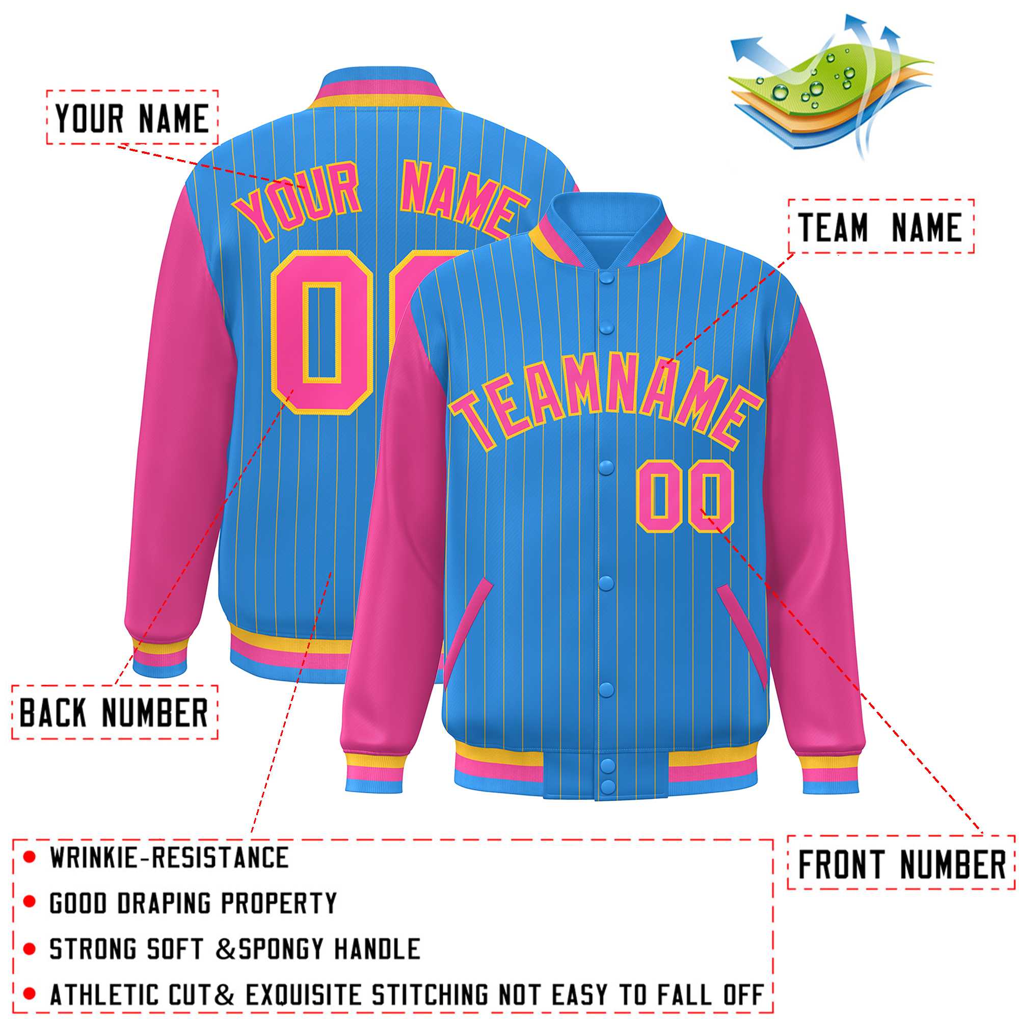 Custom Powder Blue Pink-Yellow Stripe Fashion Bomber Varsity Jacket with Raglan Sleeves