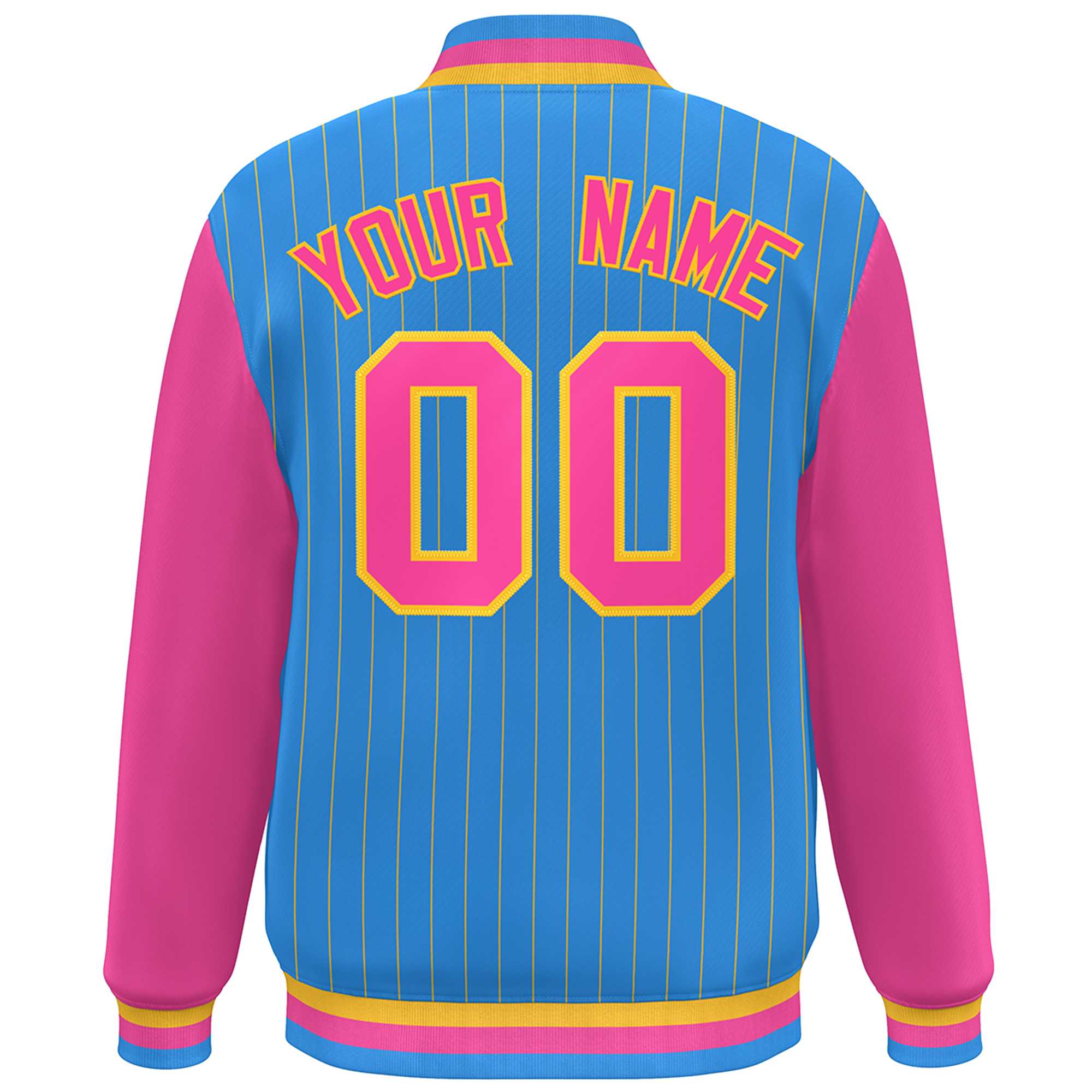 Custom Powder Blue Pink-Yellow Stripe Fashion Bomber Varsity Jacket with Raglan Sleeves