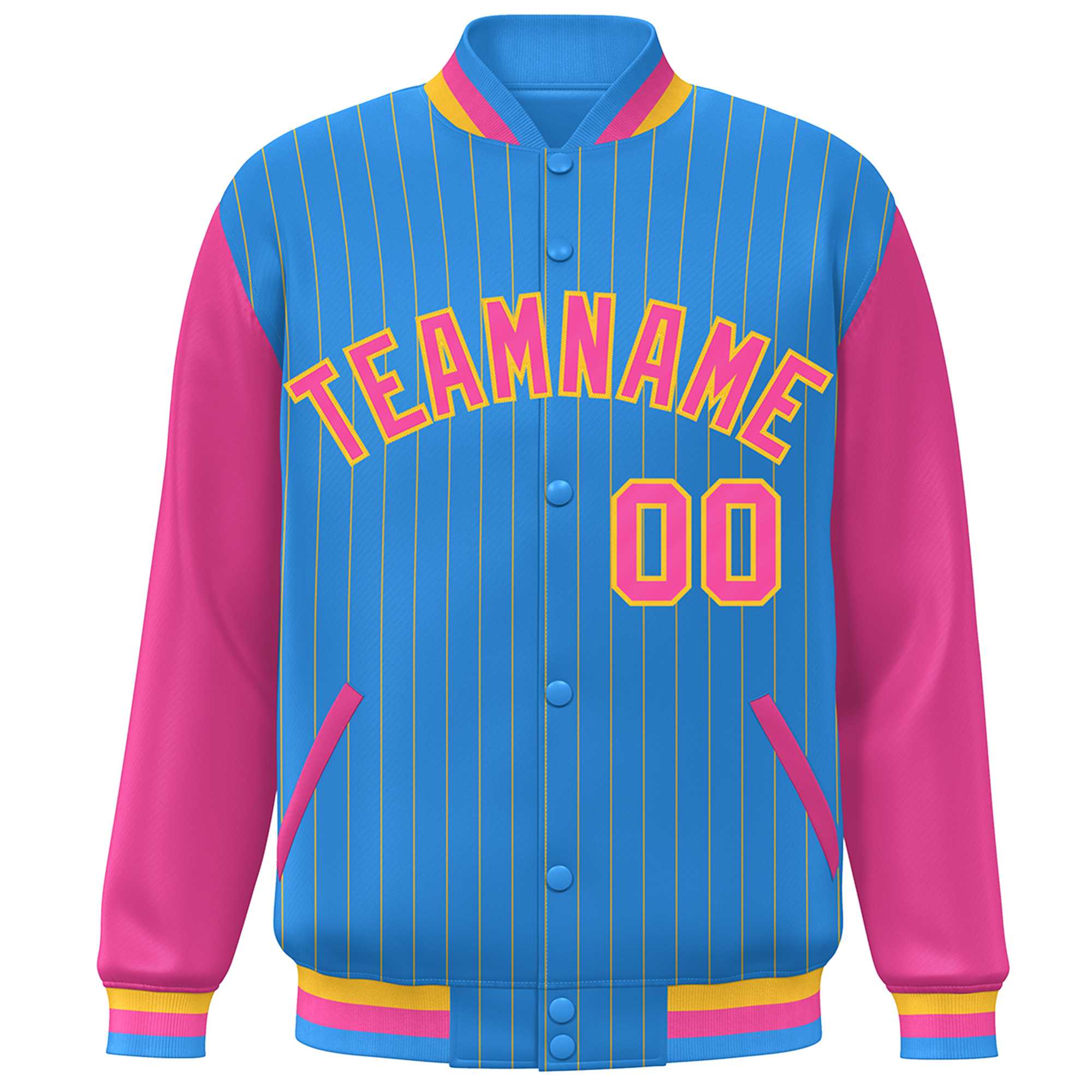 Custom Powder Blue Pink-Yellow Stripe Fashion Bomber Varsity Jacket with Raglan Sleeves