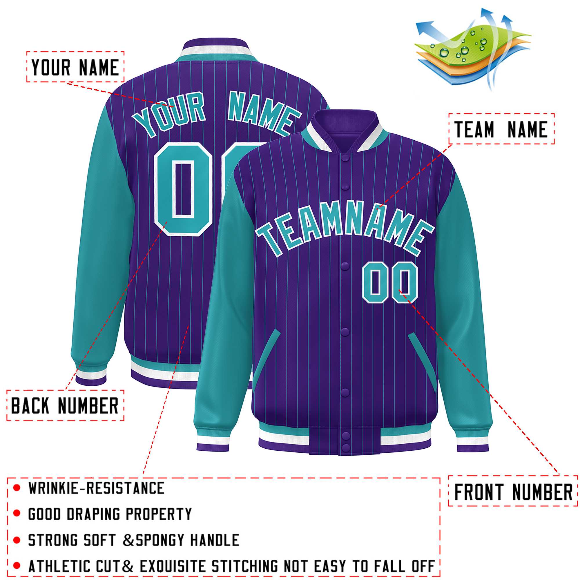 Custom Purple Aqua-White Stripe Fashion Bomber Varsity Jacket with Raglan Sleeves