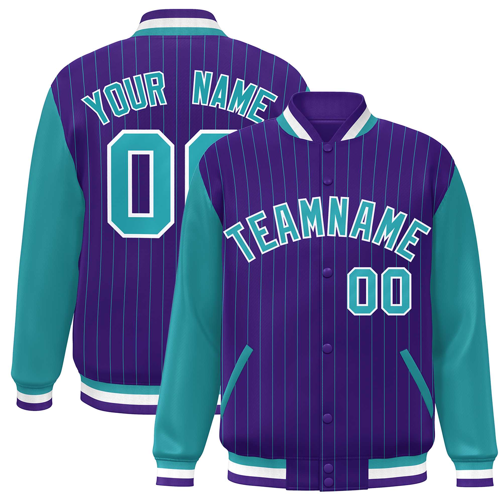 Custom Purple Aqua-White Stripe Fashion Bomber Varsity Jacket with Raglan Sleeves