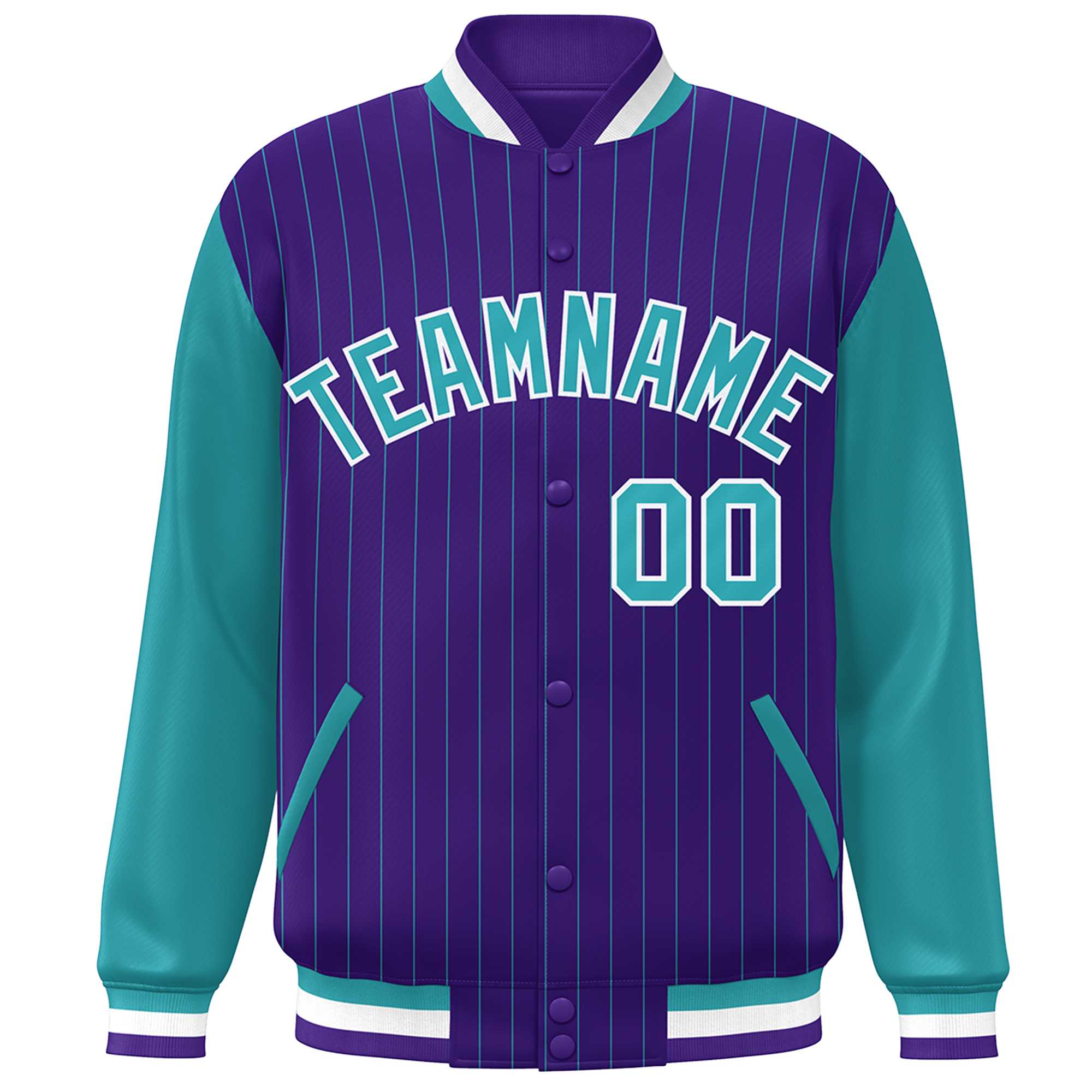 Custom Purple Aqua-White Stripe Fashion Bomber Varsity Jacket with Raglan Sleeves