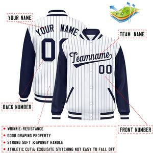 Custom White Navy Stripe Fashion Bomber Varsity Jacket with Raglan Sleeves