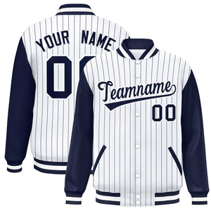 Custom White Navy Stripe Fashion Bomber Varsity Jacket with Raglan Sleeves